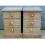 A pair of pine three drawer bedside cabinets,