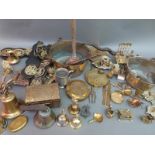 A quantity of brassware including horse brasses, jam pots,