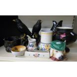 Poole pottery, retro blackbird jardineres, lidded dog tobacco jar,