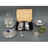 A quantity of silver plate to including caviar dish, cruet set,