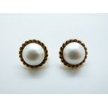 A pair of yellow metal earrings set with a Mabé pearl to each, 11.