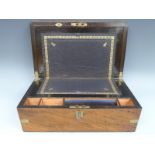 A 19thC inlaid and brass bound walnut writing slope with fitted interior,