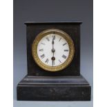Victorian single train 19thC slate mantel clock, the enamel Roman dial with steel blue hands,