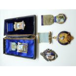 Five hallmarked silver and enamel Masonic jewels / medals, lodges include Izaac Walton Lodge 4281,
