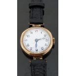 A British 9ct gold ladies wristwatch with Arabic numerals, blued Breguet hands, white emamel dial,