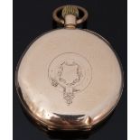 A 14k yellow metal cased gentleman's pocket watch with applied silver foliate decoration to dial