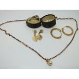 A 9ct gold necklace with a pearl pendant, two pairs of 9ct gold earnings (7.