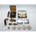 A cased 9ct gold and mother of pearl stud set, Timex watch,