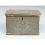 A silver plated casket or tea caddy with engraved decoration, marked to underside SF,