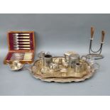 A collection of plated and other metalware including twin handled tray, cased cutlery,