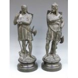 Two spelter figures of medieval period knights on plinths, one Richard the Lionheart,