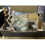 A qunatity of vintage woodworking tools including planes, saws,