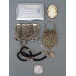 Victoria 1888 crown, braided Albert, chain link purse, cameo,