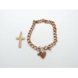 A 9ct rose gold curb link bracelet and a 9ct gold cross pendant with chased decoration, 9.