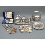 A collection of silver plate including retro tea set on tray, cased fish eater set, tray,