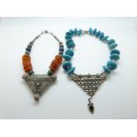Two white metal Indian necklaces one with agate beads and one with turquoise