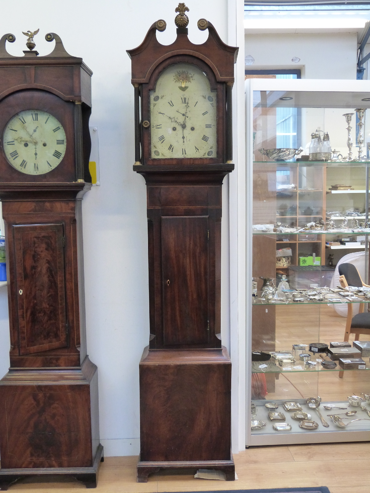 A 19thC 8-day longcase clock in plume mahogany case restored with beaded inlay,