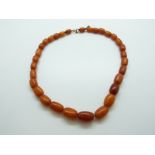 A Baltic amber necklace of graduated barrel shaped beads, largest approximately 1.8 x 1.