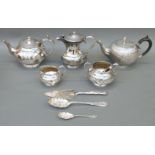 A silver plated tea service and other plated ware including wrythen teapot