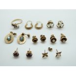 A collection of 9ct gold earring including a pair set with a zircon, a pair set with amethysts,