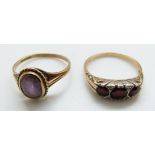 A 9ct gold ring set with an amethyst and a 9ct gold ring set with garnets, size N/O and O, 3.