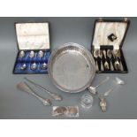 A hallmarked silver handled button hook and shoe horn, coins, cased plated cutlery,