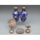 A pair of cloisonne vases and a pair of Indian white metal menu holders in the form of peacocks,