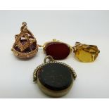 A 9ct gold swivel fob set with carnelain agate,
