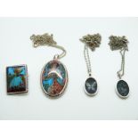 A silver pendant & brooch set with butterfly wing and two opal mosaic silver pendants & chains