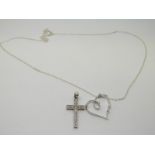 A 9ct white gold heart pendant and 9ct gold cross pendant both set with diamonds
