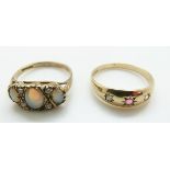 A 9ct gold ring set with opals and a 9ct gold ring set with a ruby and diamonds, sizes M and P, 4.