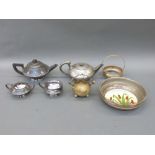 A silver plate teapot, sugar and cream jug, L and W.