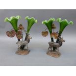 A pair of figural deer twin green glass epergnes,