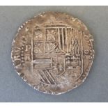 Spanish colonial silver hammered 8 Reale cob coin, Jerusalem cross,