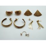 Four pairs of 9ct gold earrings, 6.