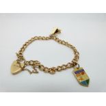 A 9ct gold charm bracelet, a 9ct gold Bristol charm and a 9ct gold piano charm, 14.