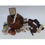 A collection of items including hallmarked silver medallion, Rotary pocket watch, snuff box,