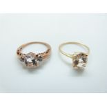 A 9ct rose gold ring set with morganite and diamonds and a 9ct gold ring set with morganite,