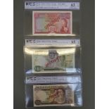 Three Jersey specimen bank notes comprising a 1963 £5,