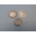 George III 1824 shilling together with two George IV 1826 examples,