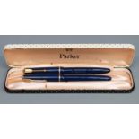 Parker Junior fountain pen set with blue resin barrel and cap, gold plated mounts and 14ct gold nib,