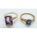 A 9ct gold ring set with an amethyst and diamonds and a 9ct gold ring set with tanzanite and