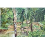 Stan Cotterell acrylic on canvas 'Jungle Clearing in Borneo', signed lower left,