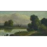 J Morris late 19thC / early 20thC oil on canvas man fishing by a lake,