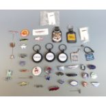 A quantity of motoring interest pin badges, keyrings etc including Foden, Scammell, Morris,