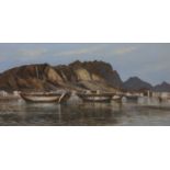 B S Alagily oil on board of boats with mountainous landscape behind,