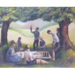 Acrylic on board of group picnicking in the shade of trees,