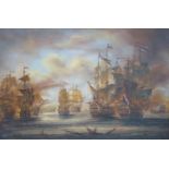 E Phillip oil on canvas of an early 19thC Naval battle between the English and French,