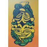 Peter Ward oil on canvas abstract tribal tiki, signed and dated 1976 lower left,