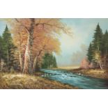 J P Walter acrylic on canvas river in a woodland landscape,